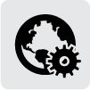 A black and white icon of a globe with gears.