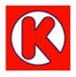 A red and white logo of the letter k.